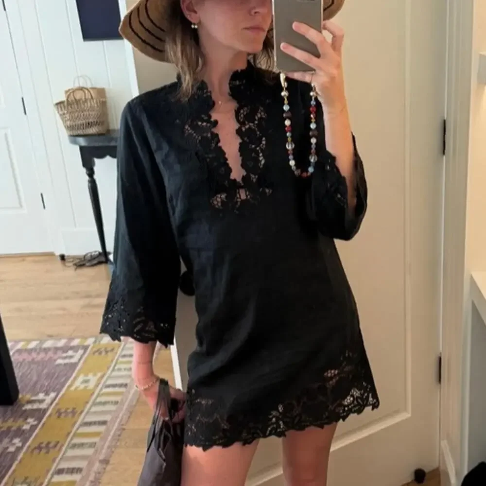 NWT Doen Roselie Linen Lace Crochet Collar 3/4 Sleeve Tunic Mini Dress Black - Picture 1 of 16